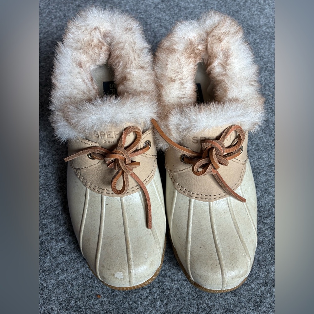 Sperry Tan and Cream Winter Rain Boots with Plush Lining